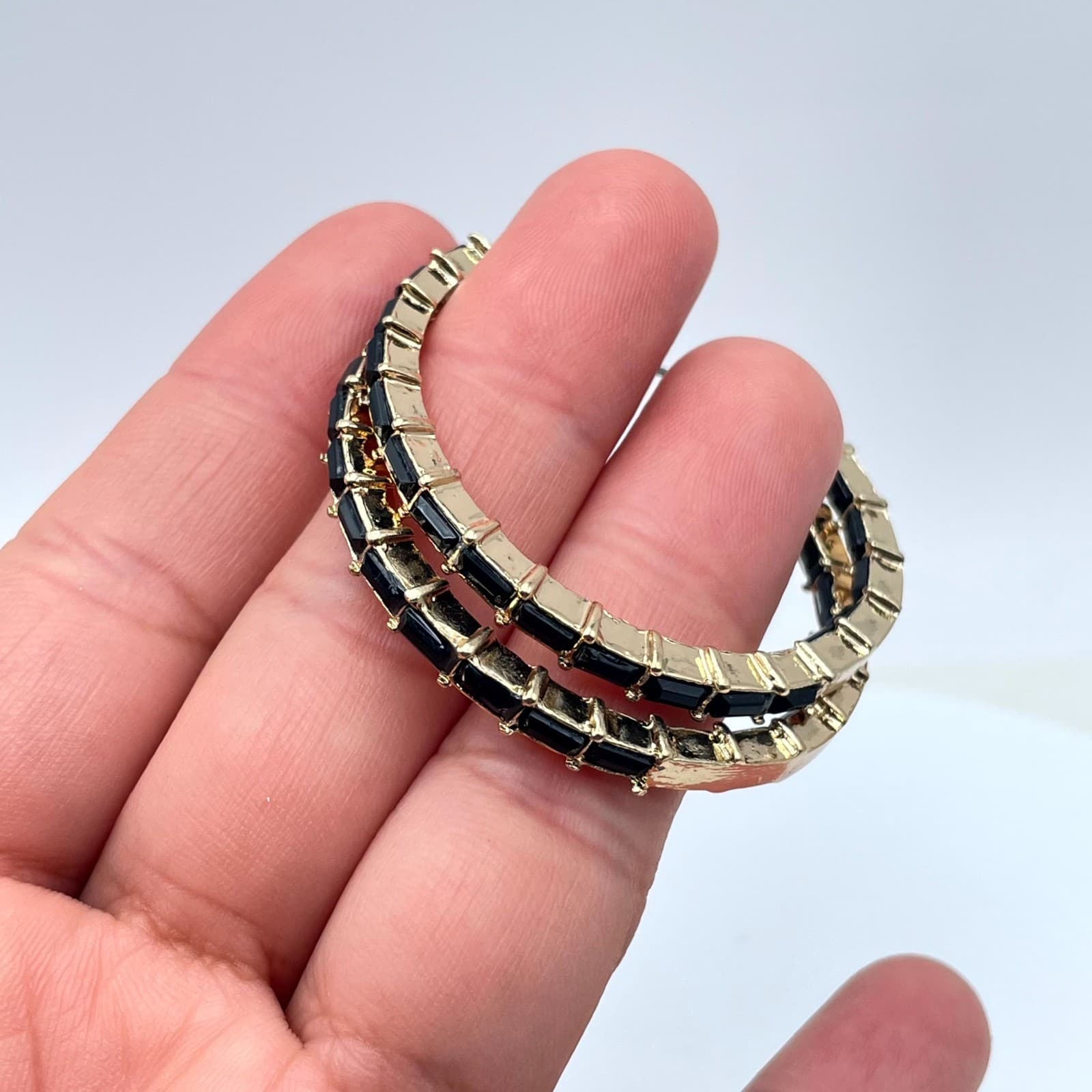 Y2K Art Deco Gold Tone Black Faceted Glass Bezel Beads Inlay Hoop Earrings - Thumbnail 7