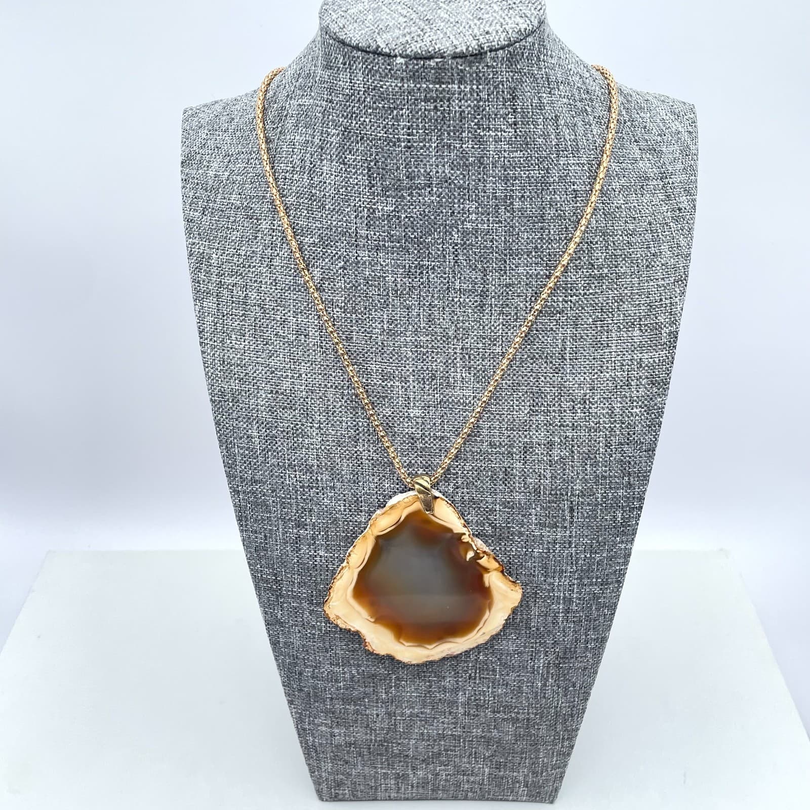 Gold-Tone Popcorn Chain Natural Brazilian Agate Slice Pendant Lobster Necklace - Thumbnail 4