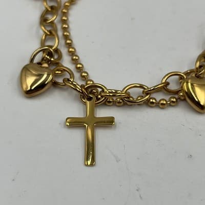 Lot of 2 Vintage Gold Tone Charm Bracelet Cross Heart Multi Chain Layered Dangle - Thumbnail 3