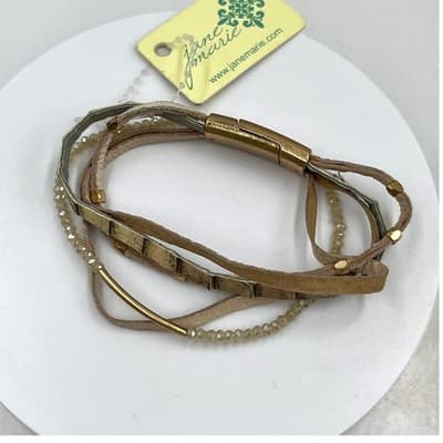 Jane Marie Layered Wrap Bracelet Neutral Leather Beaded Gold JM6278 Snake Print - Thumbnail 3