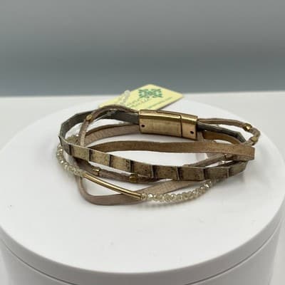 Jane Marie Layered Wrap Bracelet Neutral Leather Beaded Gold JM6278 Snake Print - Thumbnail 2