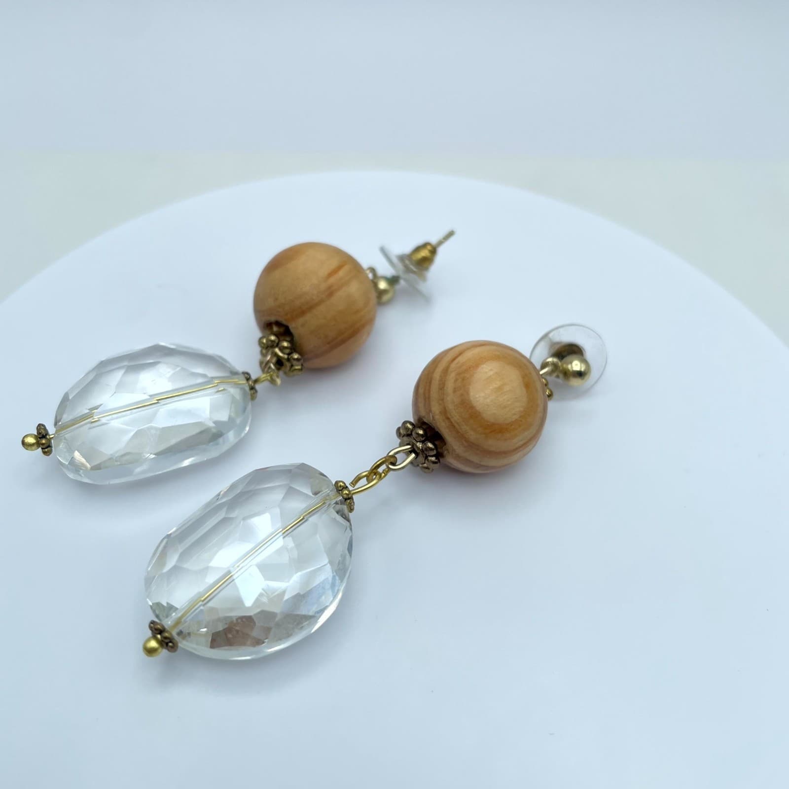 Y2K Fashion Eclectic Gold-Tone Wooden & Faceted Glass Beads Drop Dangle Earrings - Image 1