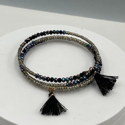 Vintage Black Iridescent Seed Bead Wrap Bracelet Silver Tone Tassel Multi-Strand - Thumbnail 4