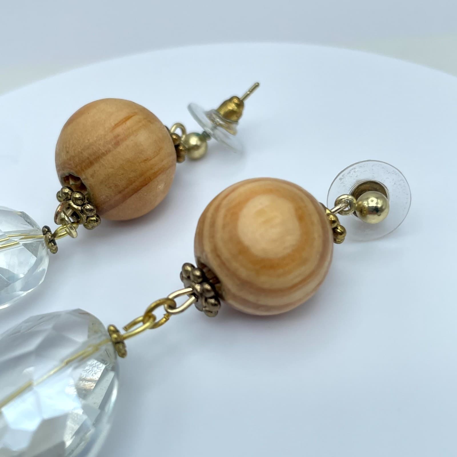 Y2K Fashion Eclectic Gold-Tone Wooden & Faceted Glass Beads Drop Dangle Earrings - Thumbnail 4