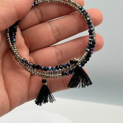 Vintage Black Iridescent Seed Bead Wrap Bracelet Silver Tone Tassel Multi-Strand - Thumbnail 5