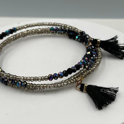 Vintage Black Iridescent Seed Bead Wrap Bracelet Silver Tone Tassel Multi-Strand - Thumbnail 2