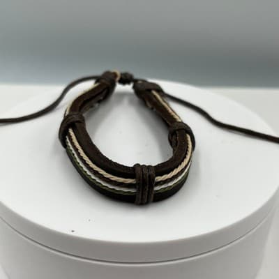 Vintage Brown Multi-Strand Leather Cord Adjustable Bracelet Neutral Earth Tone - Thumbnail 2