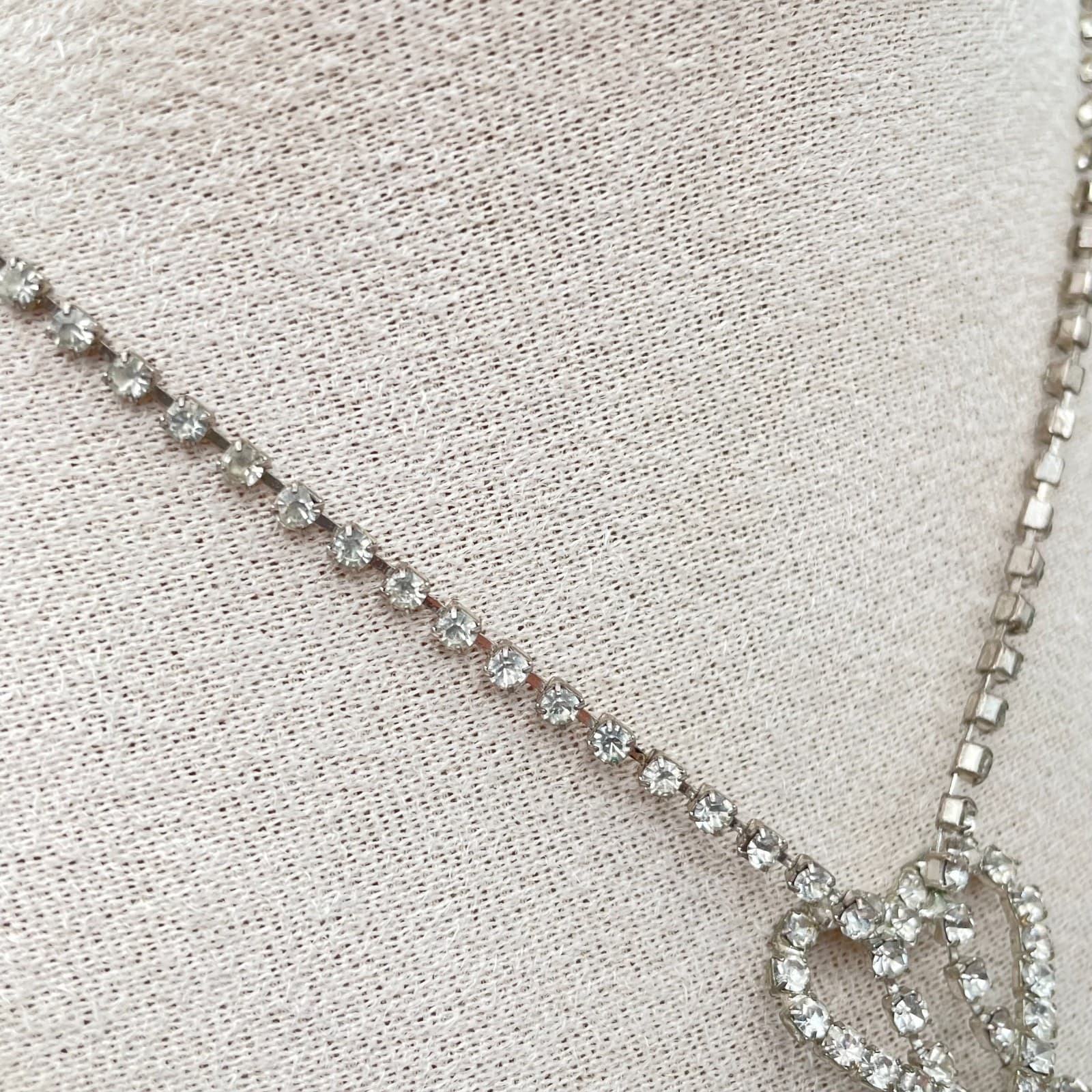 Vintage Silver-Tone Prong Rhinestone Beads Double Heart Pendant Lariat Necklace - Thumbnail 7