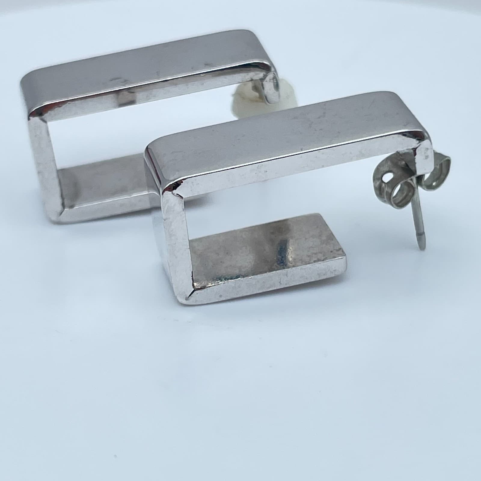 Contemporary Silver-Tone Metal Open Geometric J-Hoop Stud Butterfly-Back Earring - Thumbnail 6