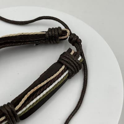 Vintage Brown Multi-Strand Leather Cord Adjustable Bracelet Neutral Earth Tone - Thumbnail 5
