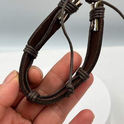 Vintage Brown Multi-Strand Leather Cord Adjustable Bracelet Neutral Earth Tone - Thumbnail 6