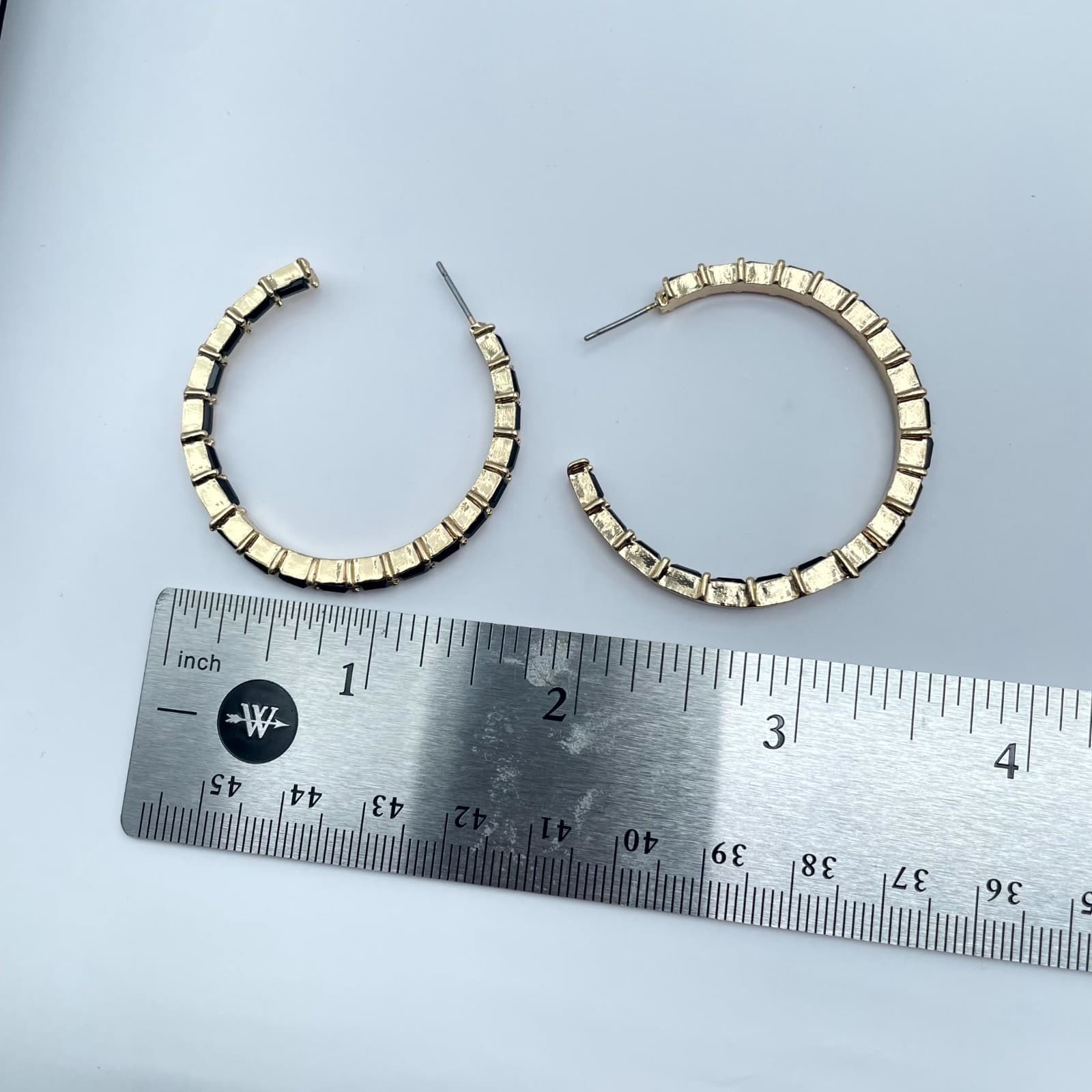 Y2K Art Deco Gold Tone Black Faceted Glass Bezel Beads Inlay Hoop Earrings - Thumbnail 2