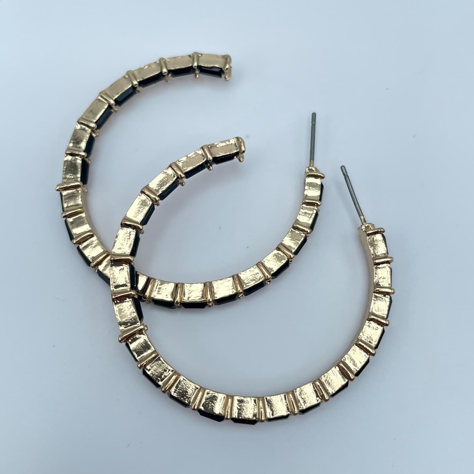 Y2K Art Deco Gold Tone Black Faceted Glass Bezel Beads Inlay Hoop Earrings - Thumbnail 5