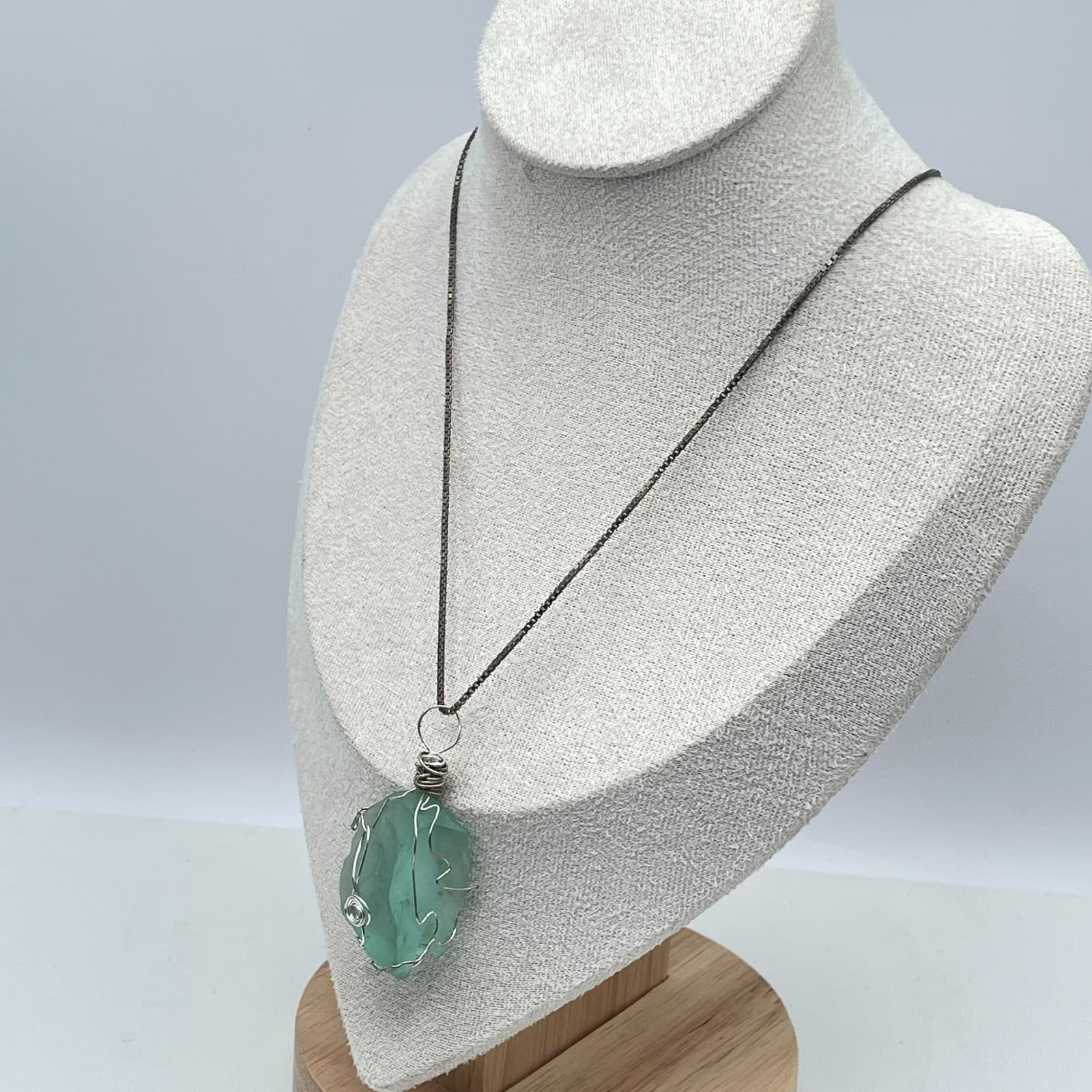 Silver-Tone Box Chain Wire-Wrapped Sea Foam Green Sea Glass Pendant Necklace - Thumbnail 5