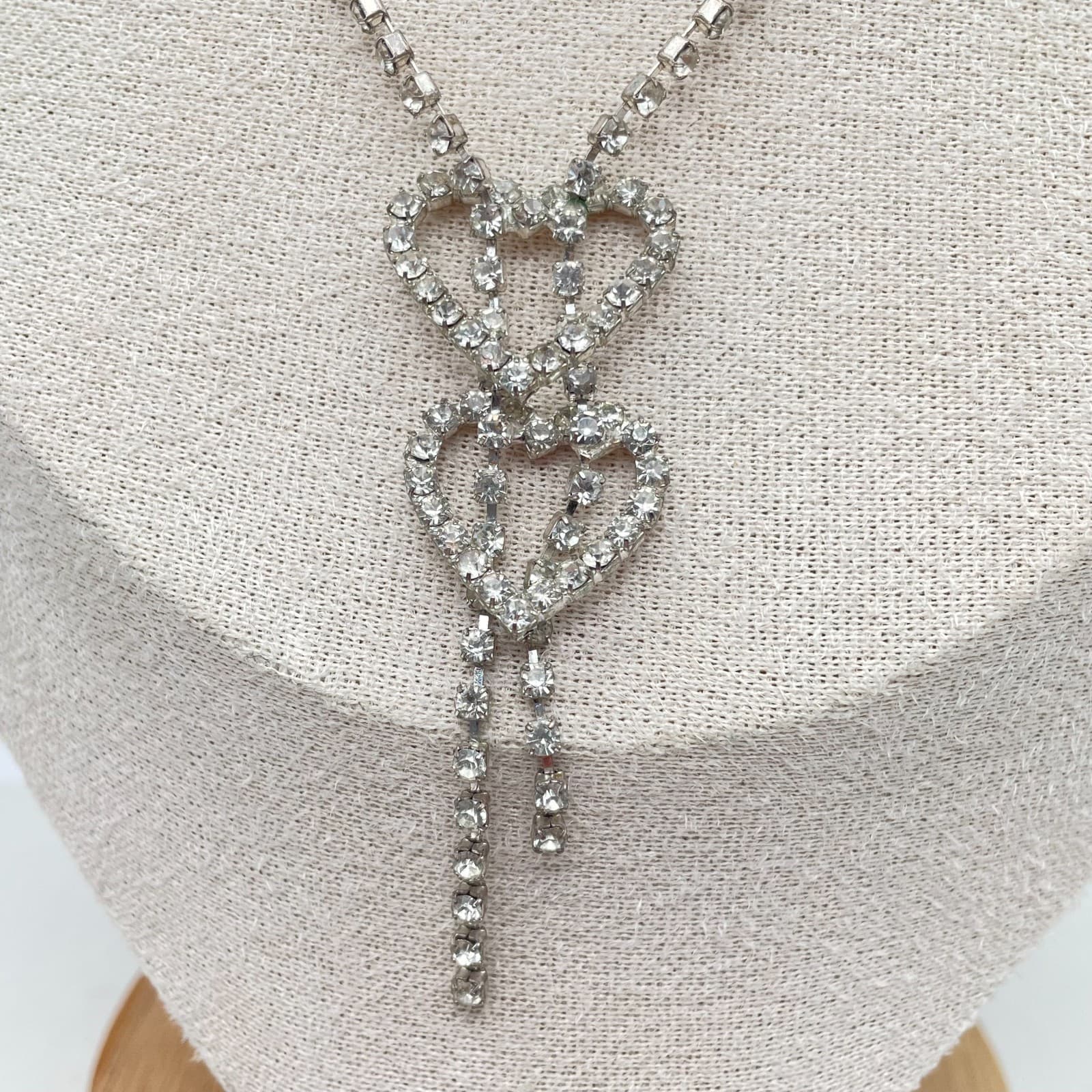 Vintage Silver-Tone Prong Rhinestone Beads Double Heart Pendant Lariat Necklace - Thumbnail 4