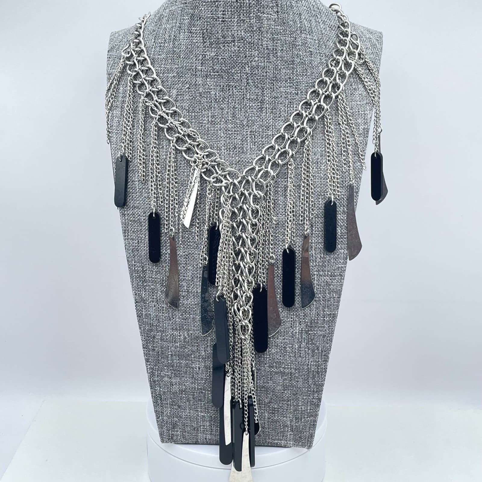 Contemporary Silver-Tone Statement Chain Fringe Bib Layered Lobster Necklace - Image 1