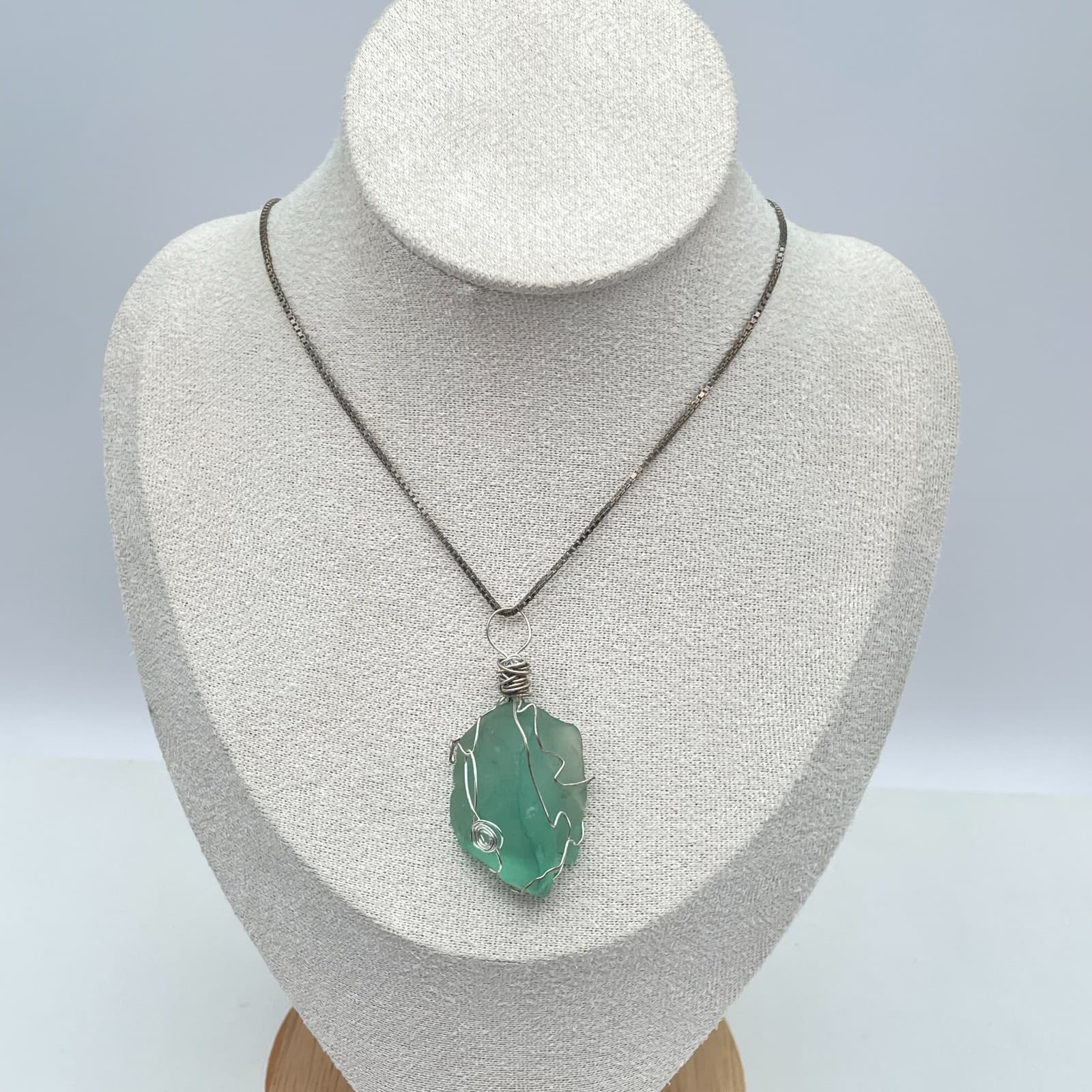 Silver-Tone Box Chain Wire-Wrapped Sea Foam Green Sea Glass Pendant Necklace - Thumbnail 2