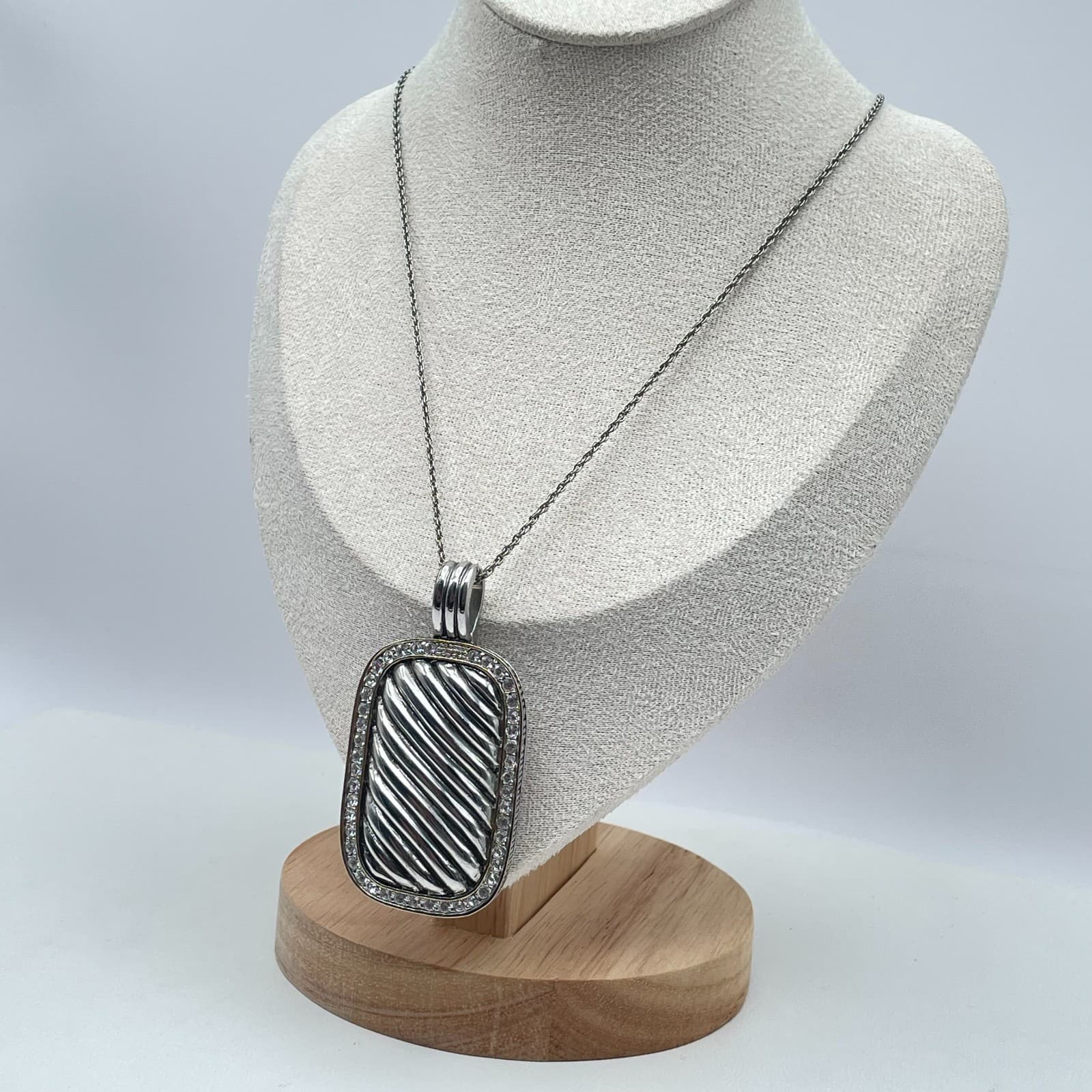 Vintage Silver-Tone Fashion Pave Statement Elongated Albion Pendant Necklace - Thumbnail 5