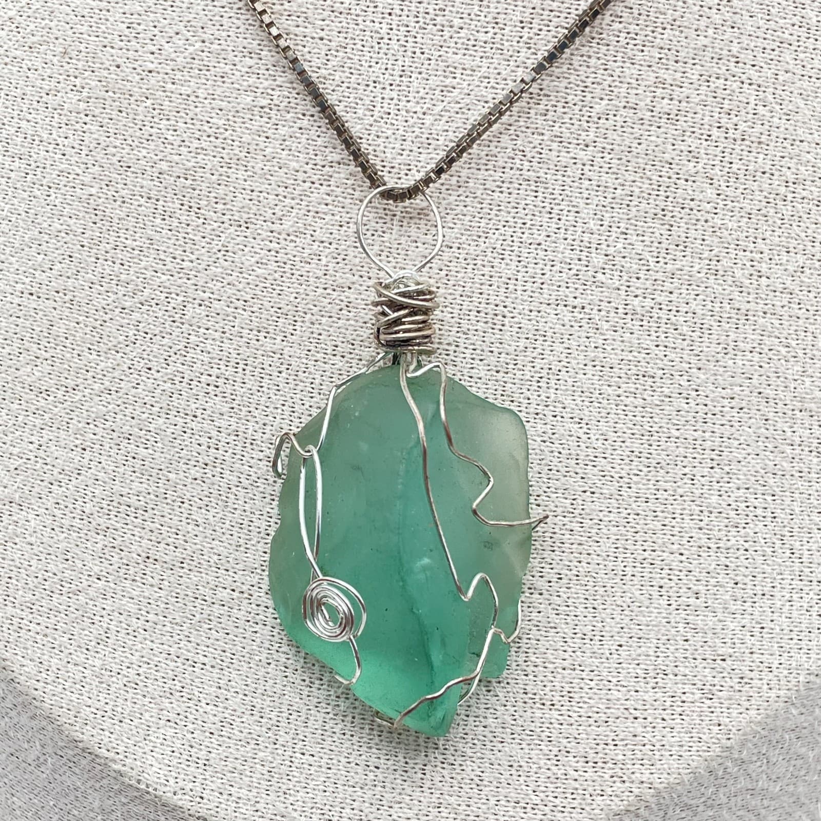 Silver-Tone Box Chain Wire-Wrapped Sea Foam Green Sea Glass Pendant Necklace - Image 1