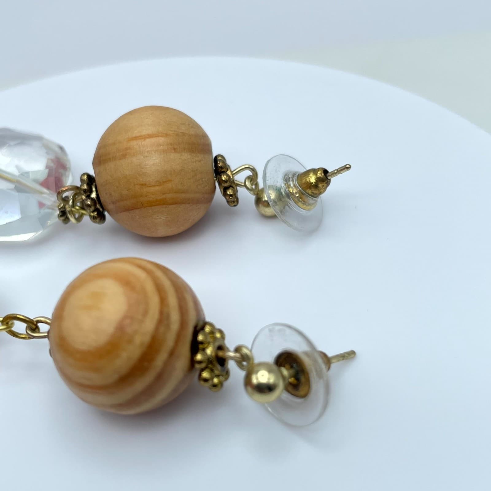 Y2K Fashion Eclectic Gold-Tone Wooden & Faceted Glass Beads Drop Dangle Earrings - Thumbnail 5
