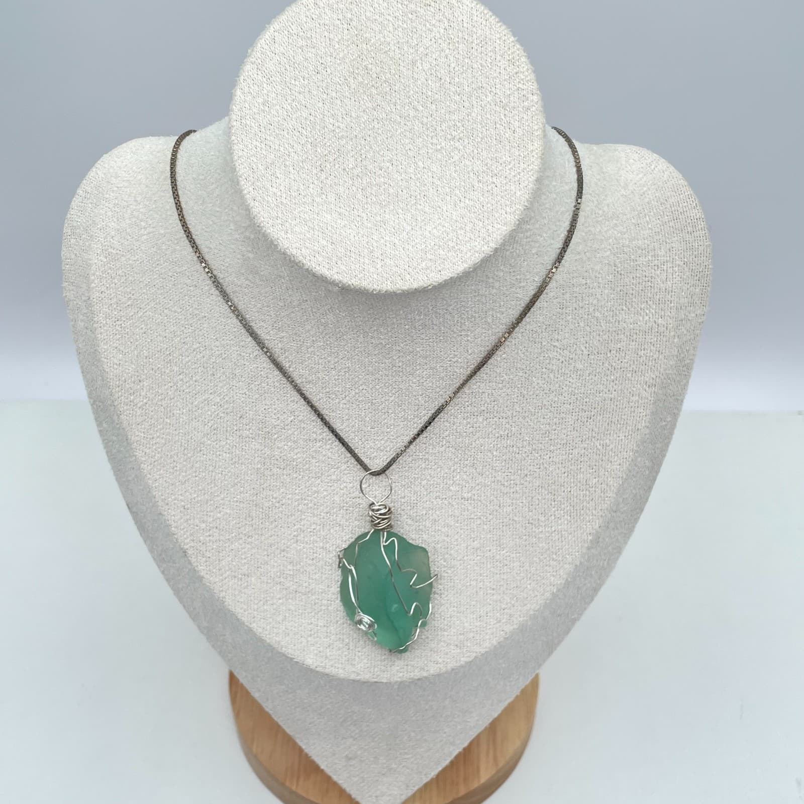 Silver-Tone Box Chain Wire-Wrapped Sea Foam Green Sea Glass Pendant Necklace - Thumbnail 3