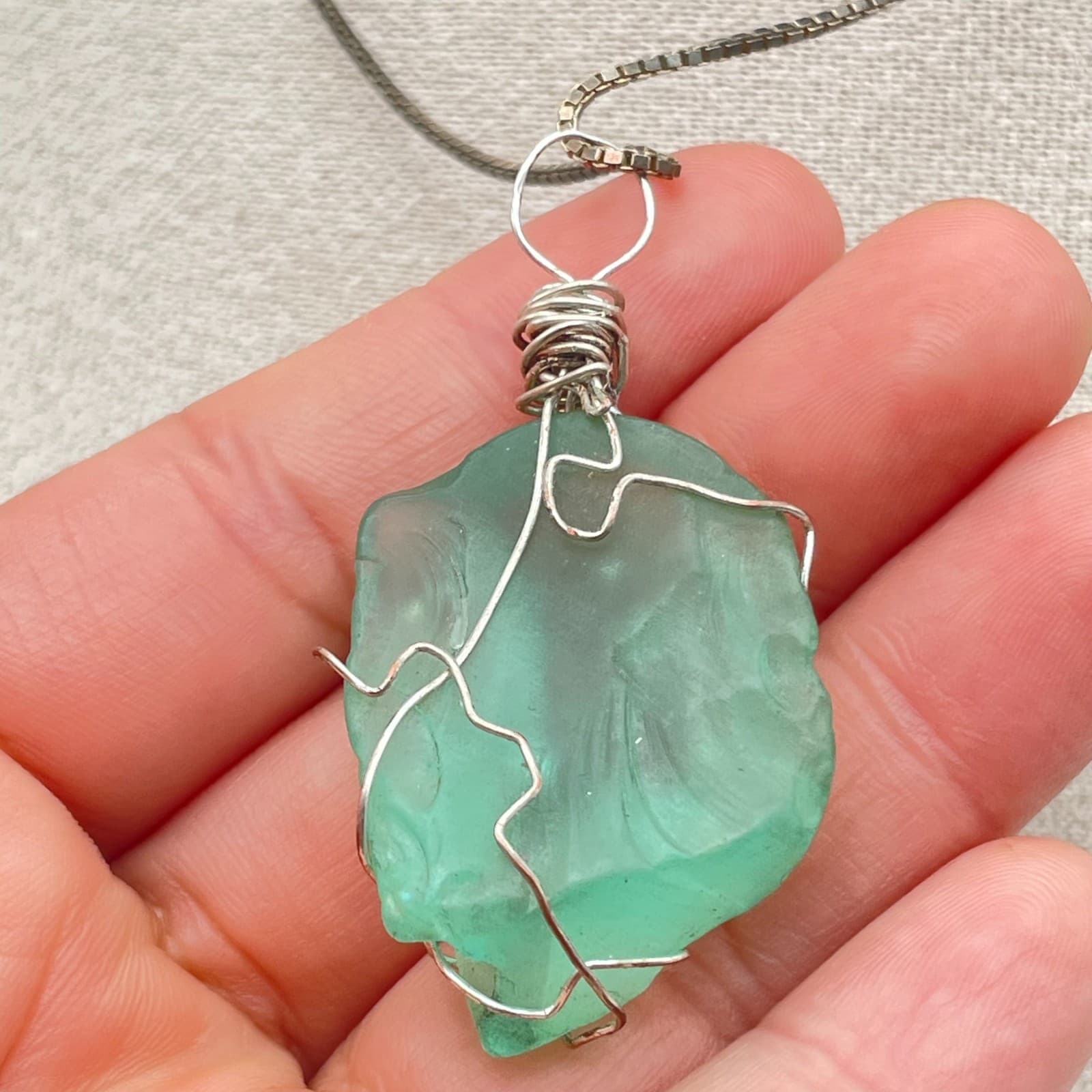 Silver-Tone Box Chain Wire-Wrapped Sea Foam Green Sea Glass Pendant Necklace - Thumbnail 6