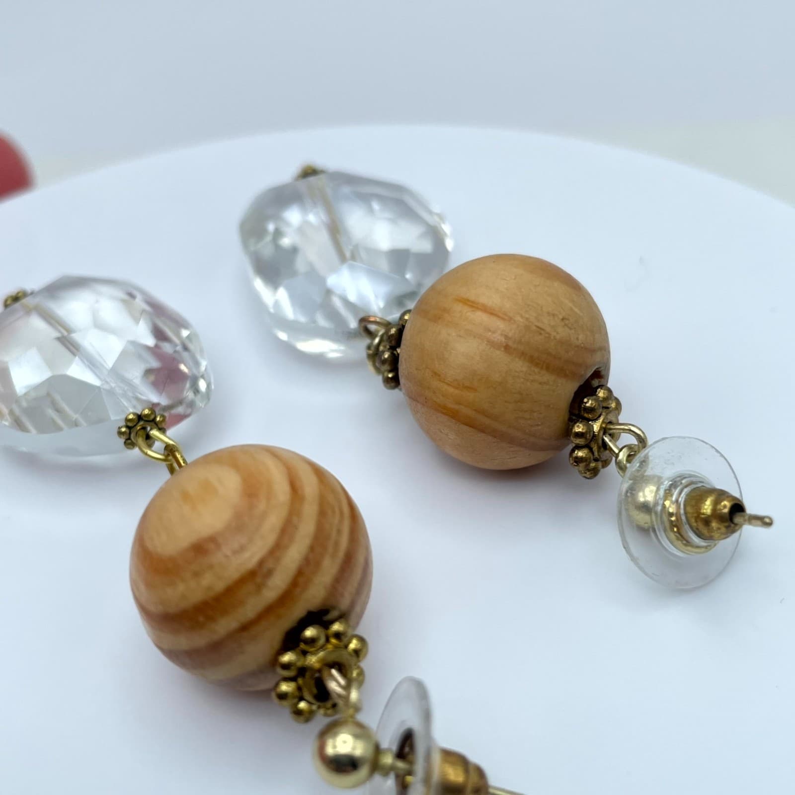 Y2K Fashion Eclectic Gold-Tone Wooden & Faceted Glass Beads Drop Dangle Earrings - Thumbnail 6
