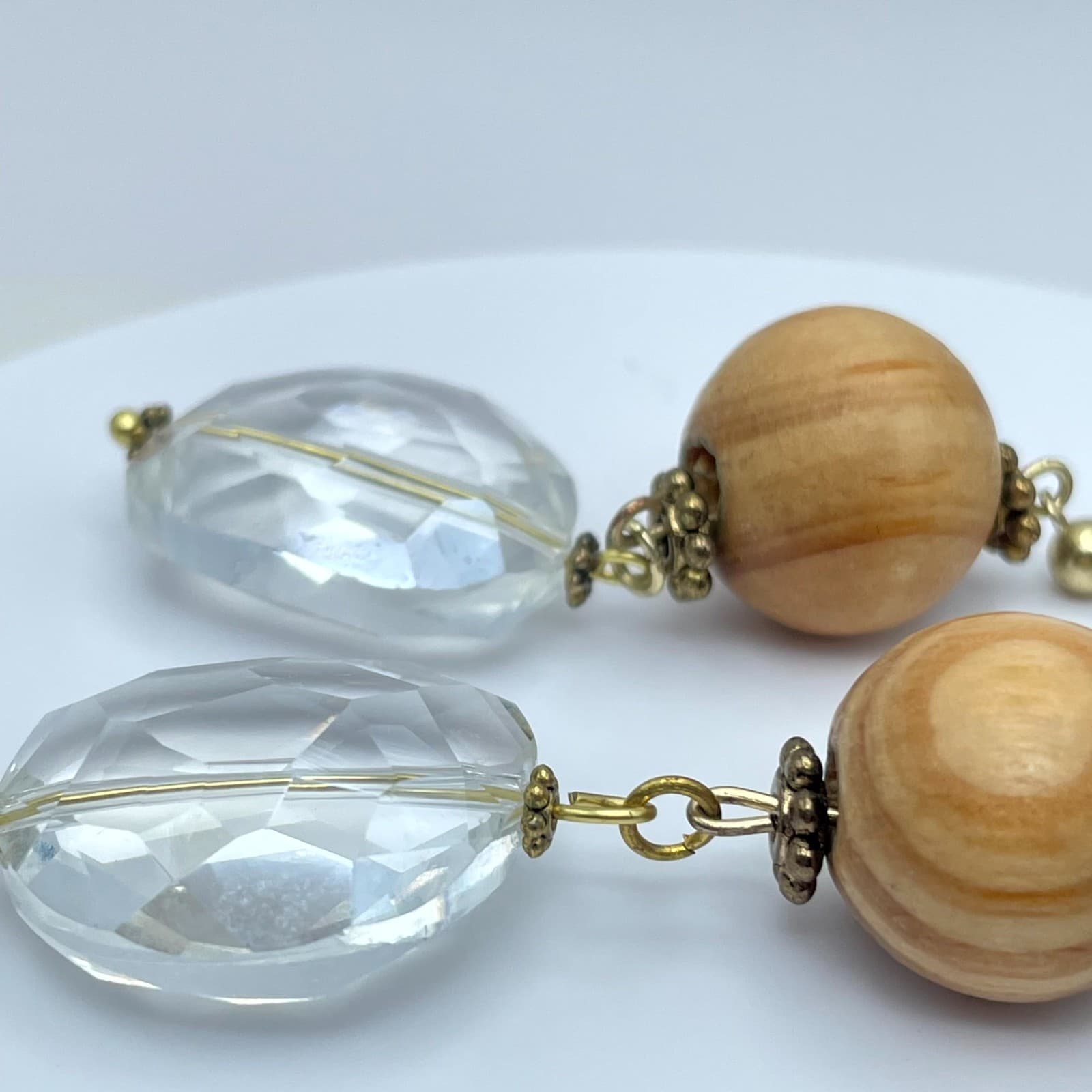Y2K Fashion Eclectic Gold-Tone Wooden & Faceted Glass Beads Drop Dangle Earrings - Thumbnail 8