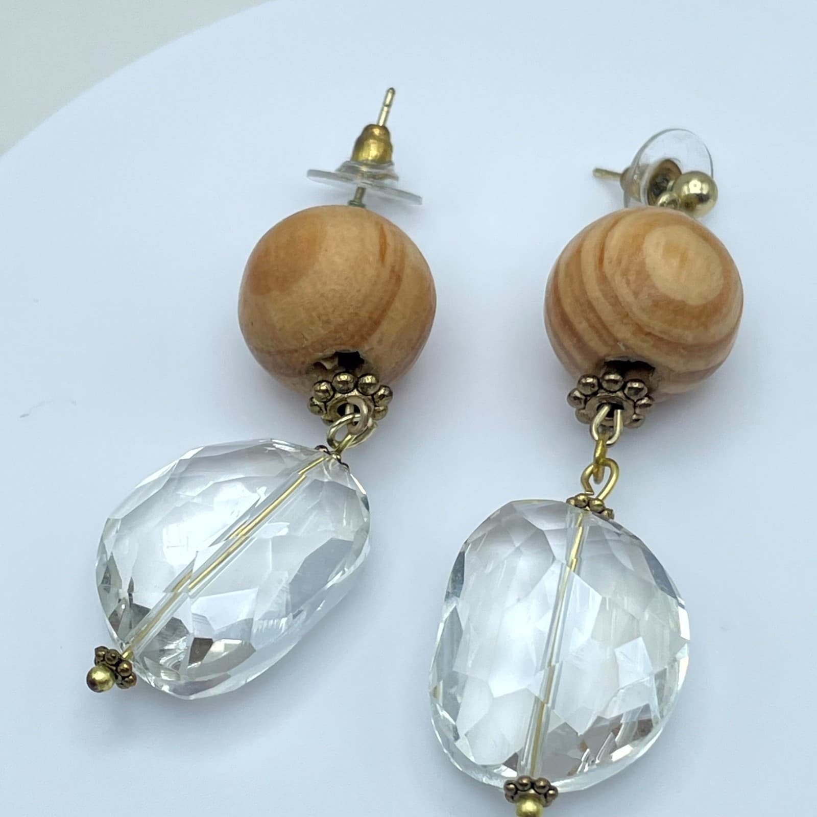 Y2K Fashion Eclectic Gold-Tone Wooden & Faceted Glass Beads Drop Dangle Earrings - Thumbnail 9