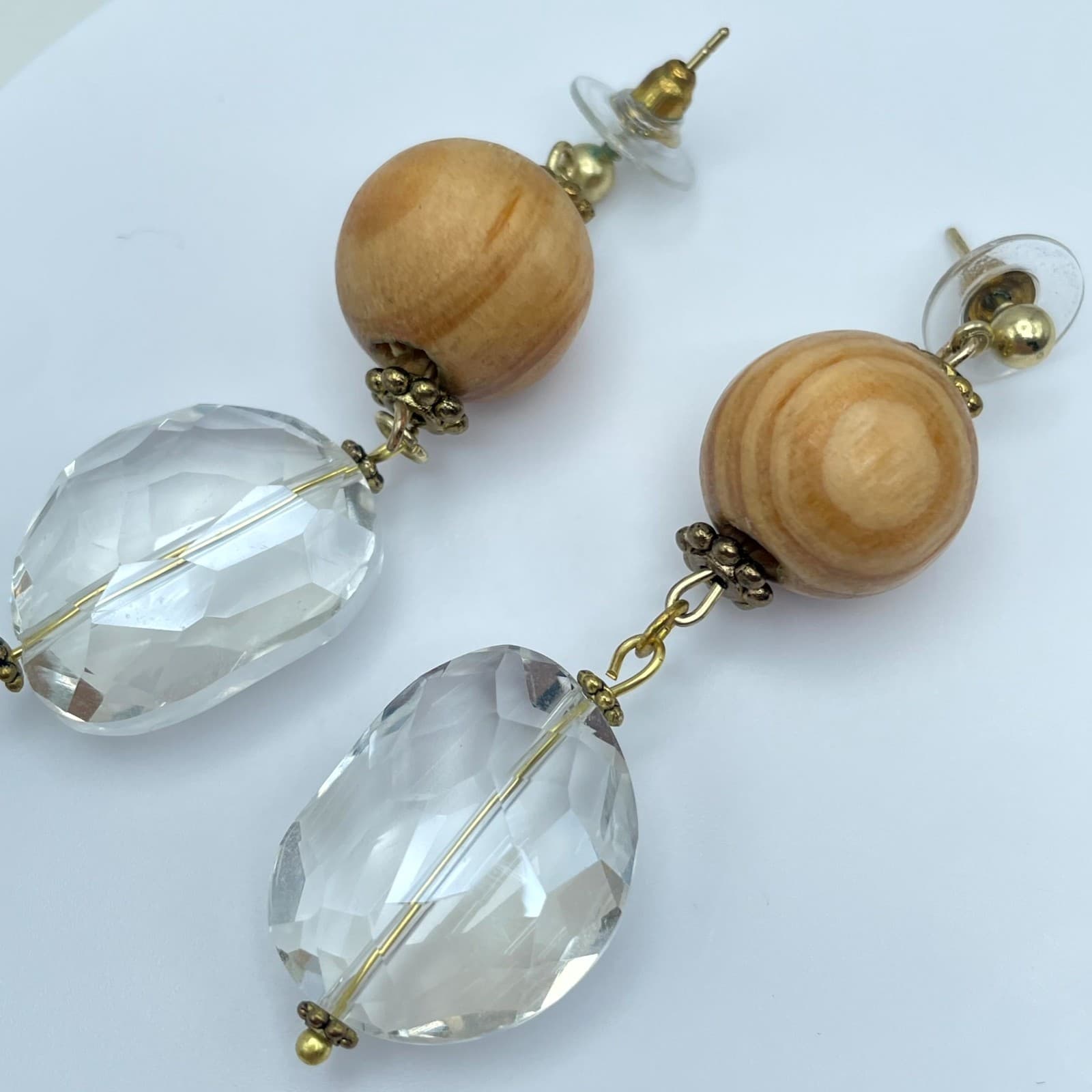 Y2K Fashion Eclectic Gold-Tone Wooden & Faceted Glass Beads Drop Dangle Earrings - Thumbnail 3