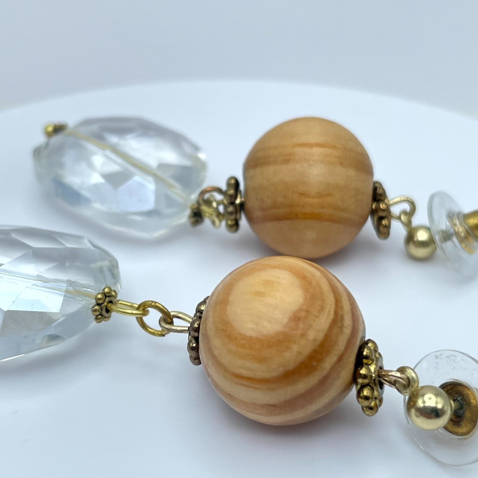 Y2K Fashion Eclectic Gold-Tone Wooden & Faceted Glass Beads Drop Dangle Earrings - Thumbnail 7