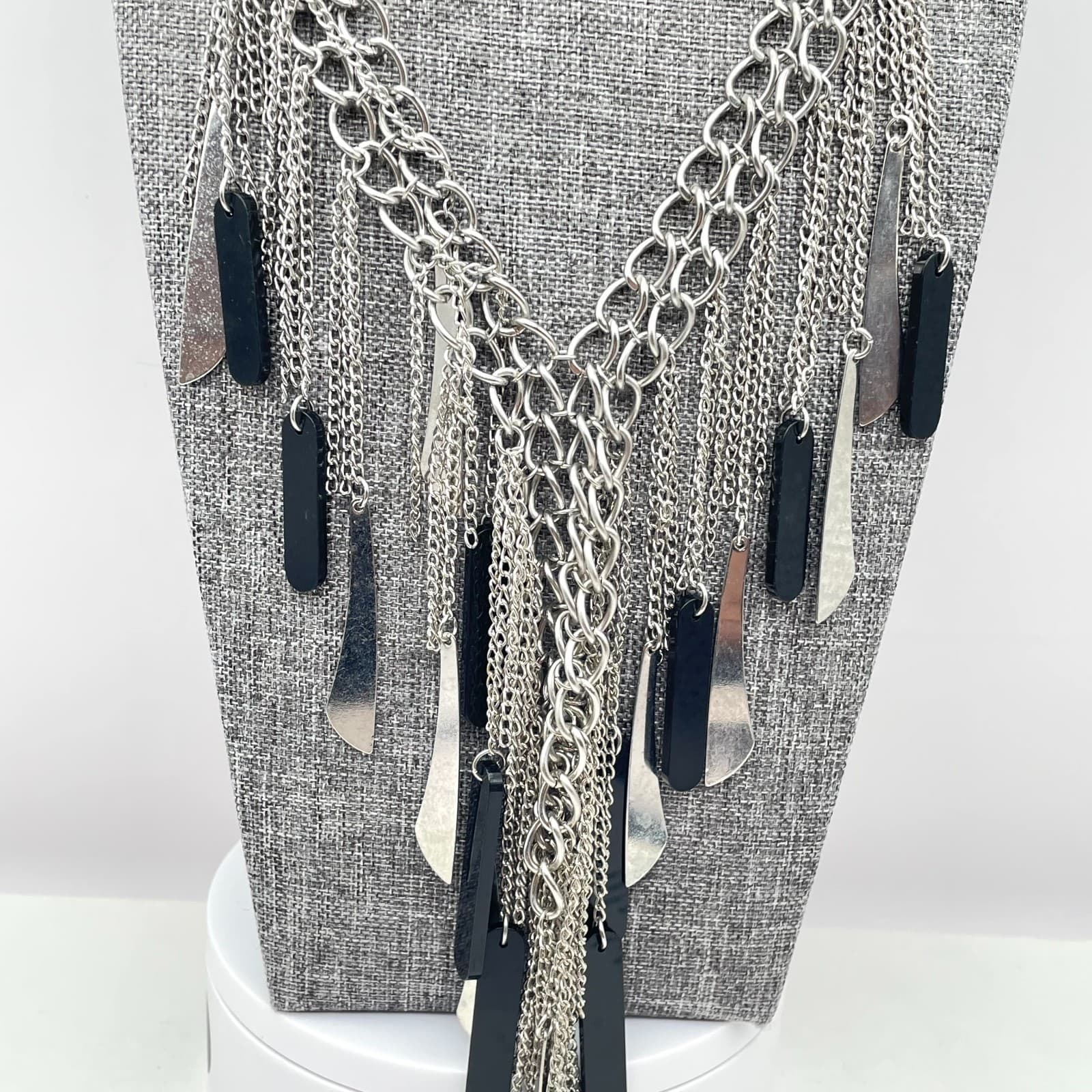 Contemporary Silver-Tone Statement Chain Fringe Bib Layered Lobster Necklace - Thumbnail 7
