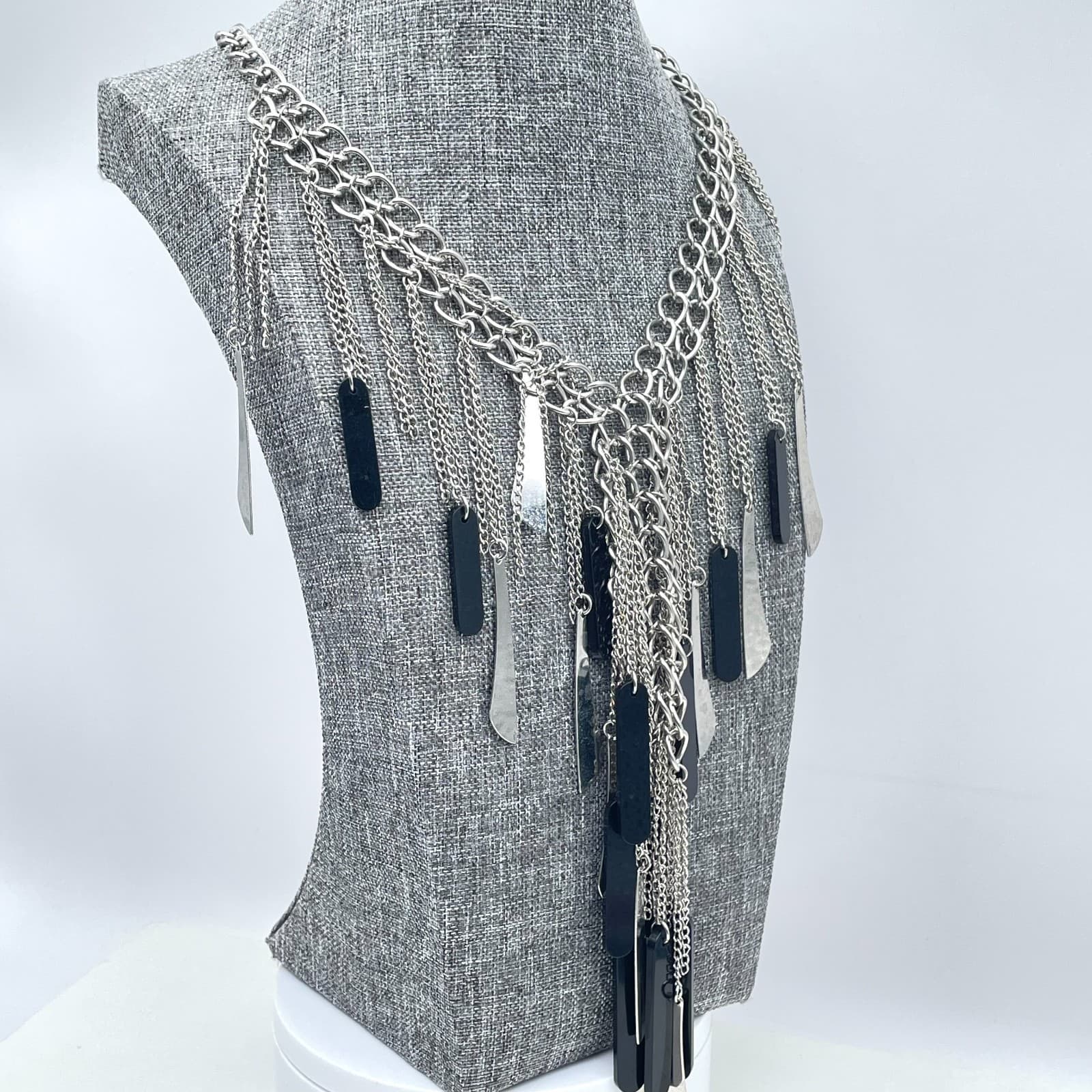 Contemporary Silver-Tone Statement Chain Fringe Bib Layered Lobster Necklace - Thumbnail 10