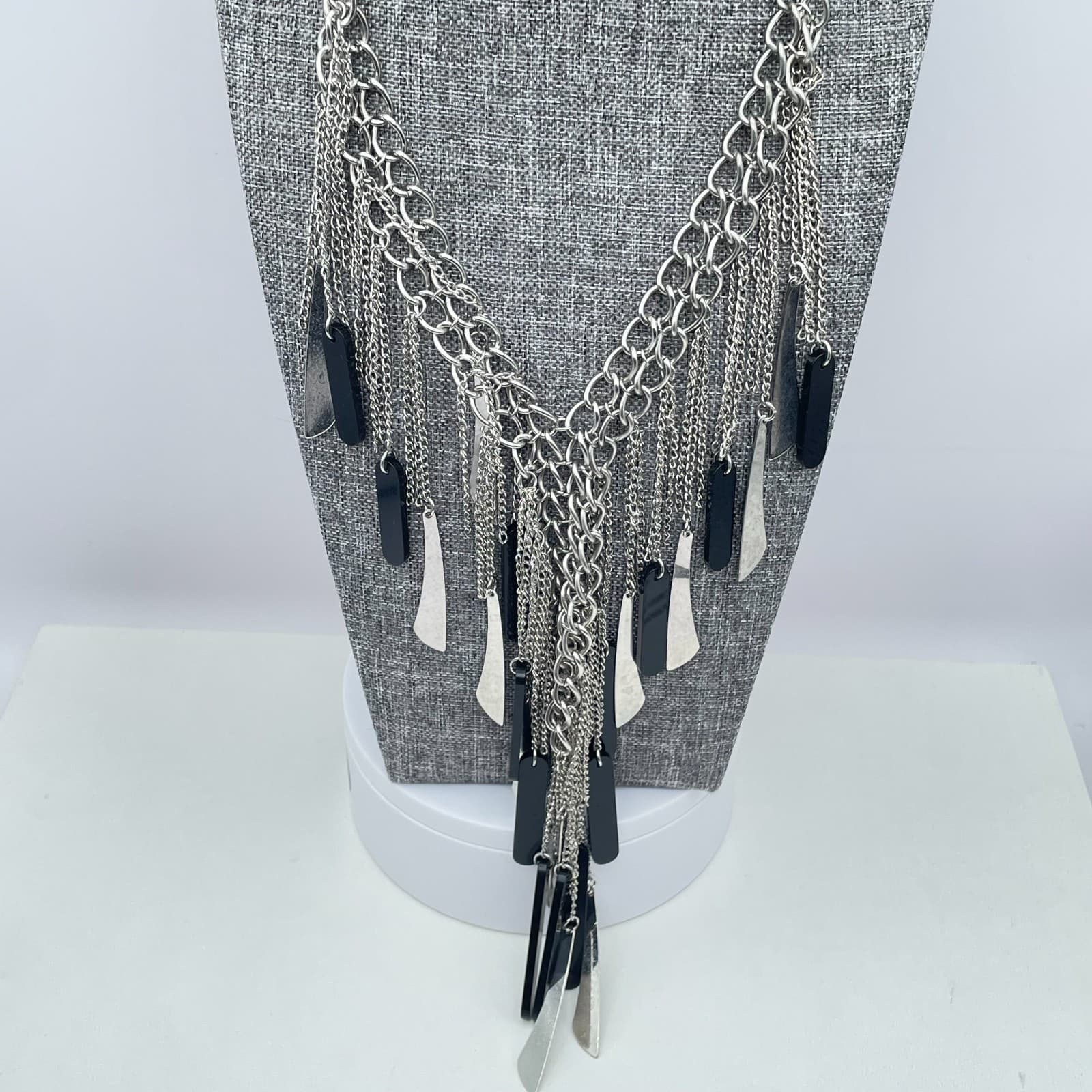 Contemporary Silver-Tone Statement Chain Fringe Bib Layered Lobster Necklace - Thumbnail 5