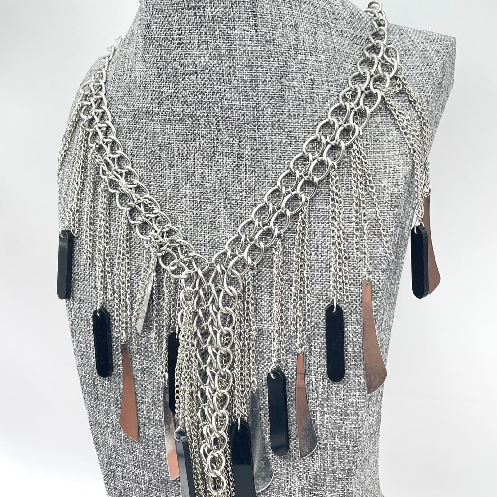 Contemporary Silver-Tone Statement Chain Fringe Bib Layered Lobster Necklace - Thumbnail 9