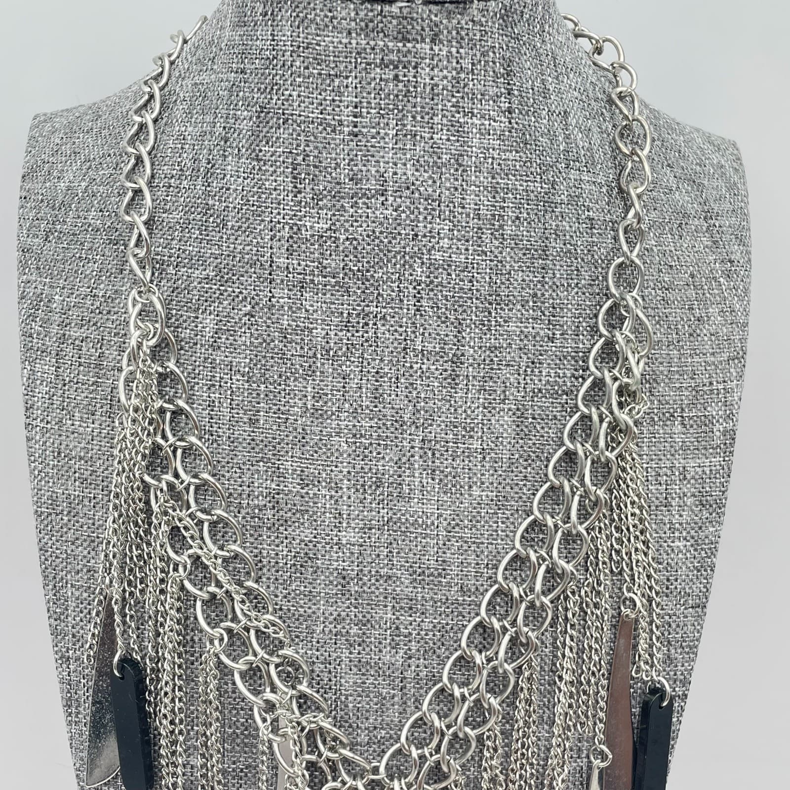Contemporary Silver-Tone Statement Chain Fringe Bib Layered Lobster Necklace - Thumbnail 6