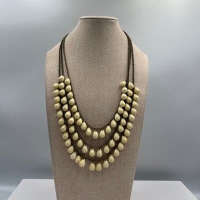 VTG Multi Strand Cream Teardrop Bead Necklace Antique Brass Tone Statement Bib - Thumbnail 4