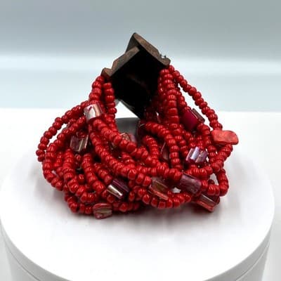 Vintage Red Multi Strand Beaded Bracelet Wooden Clasp Statement Chunky Boho - Image 1