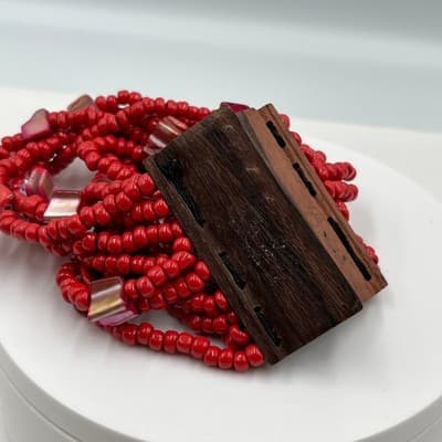 Vintage Red Multi Strand Beaded Bracelet Wooden Clasp Statement Chunky Boho - Thumbnail 3