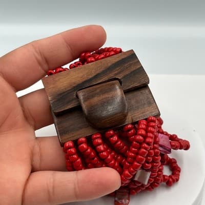 Vintage Red Multi Strand Beaded Bracelet Wooden Clasp Statement Chunky Boho - Thumbnail 4
