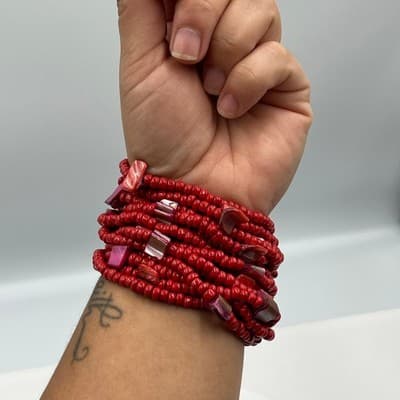 Vintage Red Multi Strand Beaded Bracelet Wooden Clasp Statement Chunky Boho - Thumbnail 5