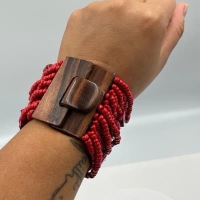 Vintage Red Multi Strand Beaded Bracelet Wooden Clasp Statement Chunky Boho - Thumbnail 6