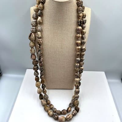 Vintage Long Double Strand Natural Shell Bead Necklace Brown Cream Speckled Boho - Image 1
