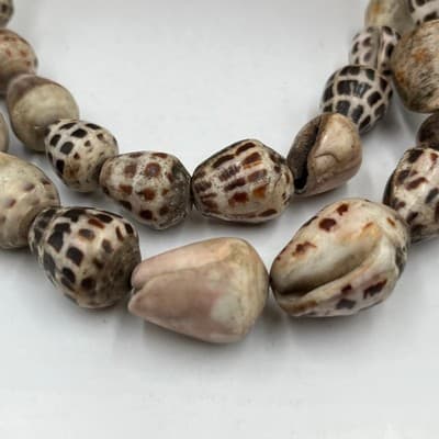 Vintage Long Double Strand Natural Shell Bead Necklace Brown Cream Speckled Boho - Thumbnail 3