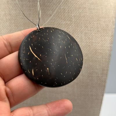 Vintage Large Round Coconut Shell Pendant Necklace Natural Brown Disc Statement - Image 1