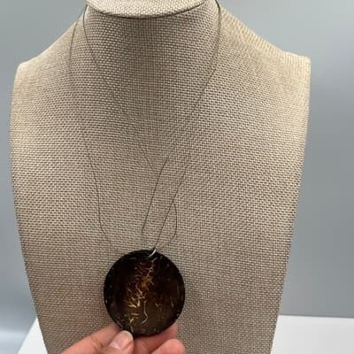 Vintage Large Round Coconut Shell Pendant Necklace Natural Brown Disc Statement - Thumbnail 4