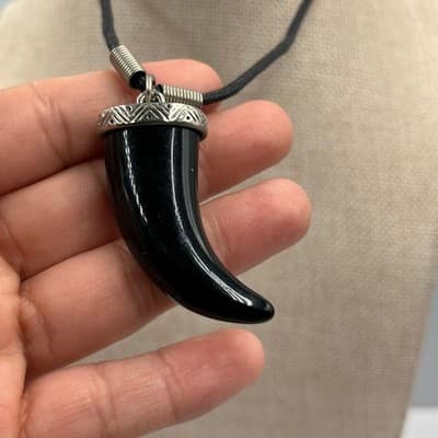 Vintage Black Horn Pendant Necklace Cord Silver Tone Cap Tribal Style Hook & Eye - Thumbnail 5