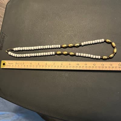 Vintage White Heishi Bead Necklace Gold Tone Barrel Beads Long Strand Bohemian - Thumbnail 8