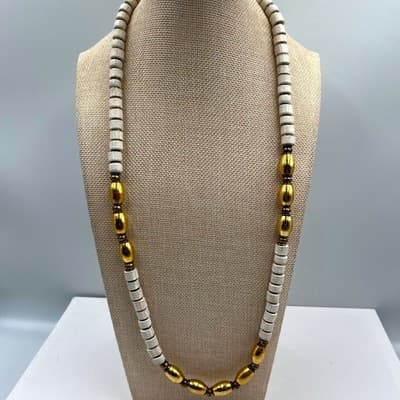 Vintage White Heishi Bead Necklace Gold Tone Barrel Beads Long Strand Bohemian - Image 1