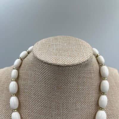 Vintage White Oval Bead Necklace Gold Tone Spacers Classic Minimalist Strand - Thumbnail 2